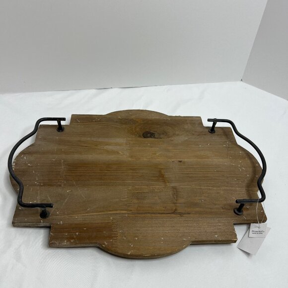 Rustic Distressed Wood Serving Tray with Metal Handles, 17 in - Picture 1 of 4